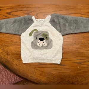 Grey and white long sleeve shirt with dog on it
